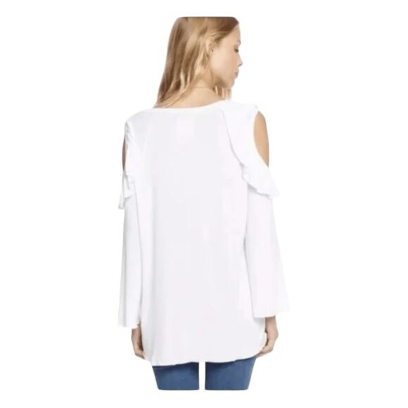 Chaser Ruffle Cold Shoulder Top White Cotton Knit Bell Long Sleeve S - Picture 2 of 6